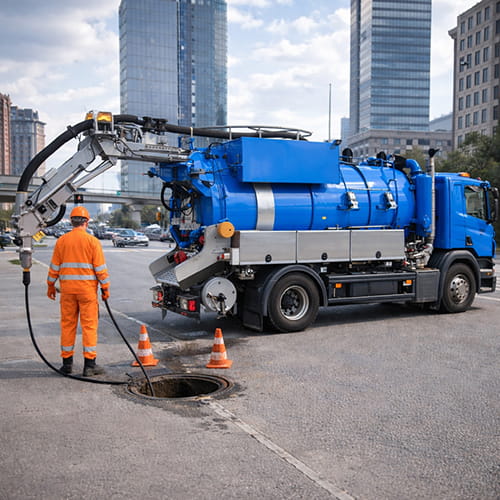 Samochód WUKO czyszczący kanalizację w centrum miasta.