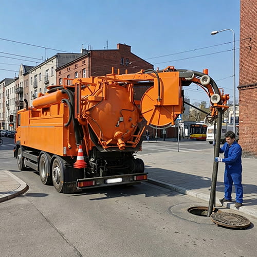 Samochód WUKO z systemem recyklingu wody podczas udrażniania kanalizacji.